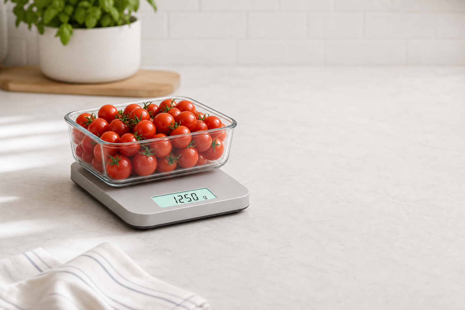 Full container of cherry tomatoes on the scale before use
