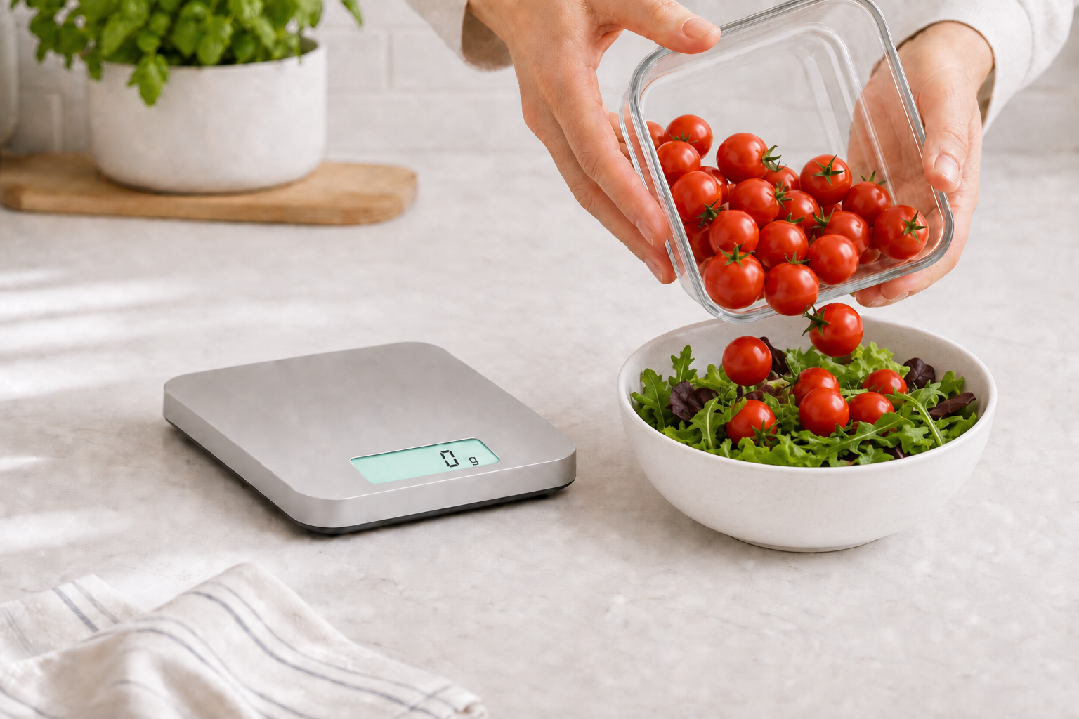Pouring tomatoes from the container into a salad bowl