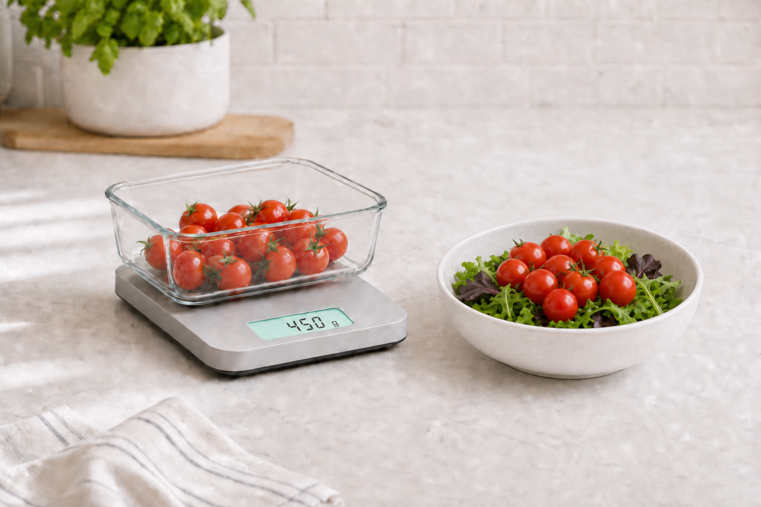 Container of cherry tomatoes re-weighed on the scale after pouring some out